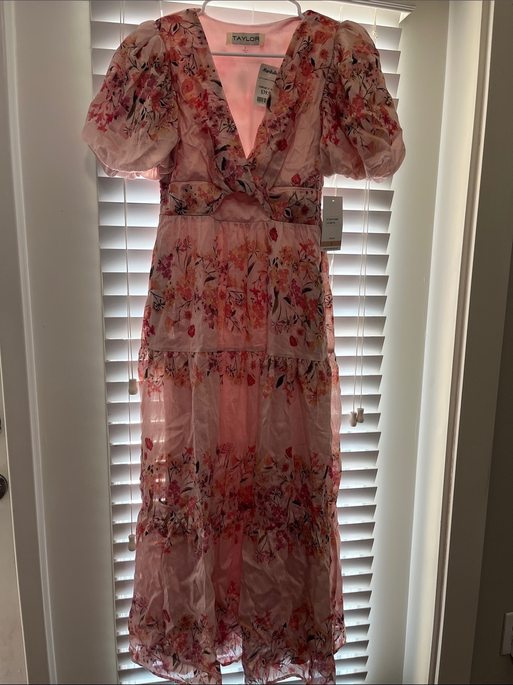 Taylor Blush Floral Puff-Sleeve Midi Dress
